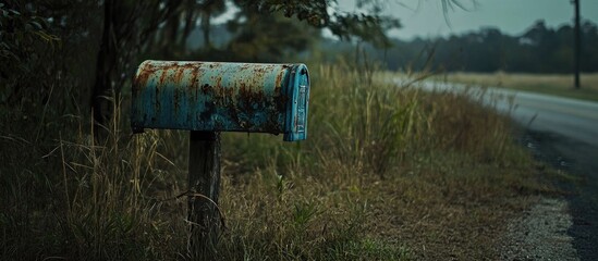 Rustic weathered blue mailbox on a roadside surrounded by overgrown grass and trees in a moody, atmospheric setting.