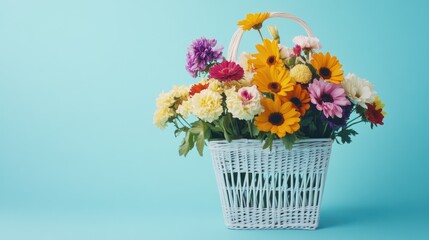 Shopping basket overflowing with colorful flowers against a soft blue background, ideal for thoughtful gift ideas and cheerful decor.