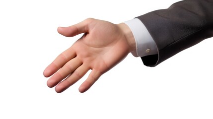 Obraz premium Businessman offering a handshake with an outstretched hand isolated on a white background symbolizing professionalism and agreement