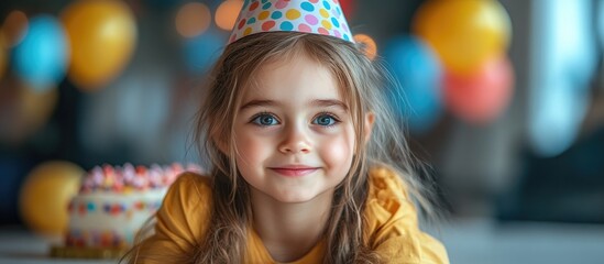 Fototapeta premium Adorable girl in a colorful party hat celebrating her birthday with cake and balloons in a festive indoor setting