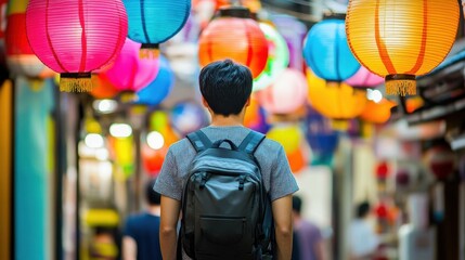 Naklejka premium Exploring the Vibrant Alleyway: Lanterns and a Wanderer