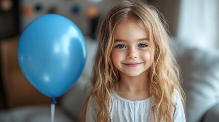 Naklejka premium Smiling young girl with long hair in casual outfit holding blue balloon joyfully against white background capturing innocence and happiness