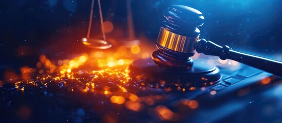 Cryptocurrency regulations with a gavel and golden scale on a laptop symbolizing digital currency legislation and legal compliance in finance