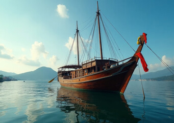 Traditional wooden boat anchored in calm waters at sunset near mountainous landscape