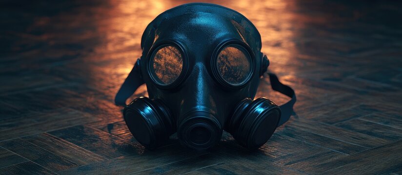Black gas mask on oak parquet floor emphasizing safety equipment and military gear in a dramatic atmospheric setting. - Powered by Adobe