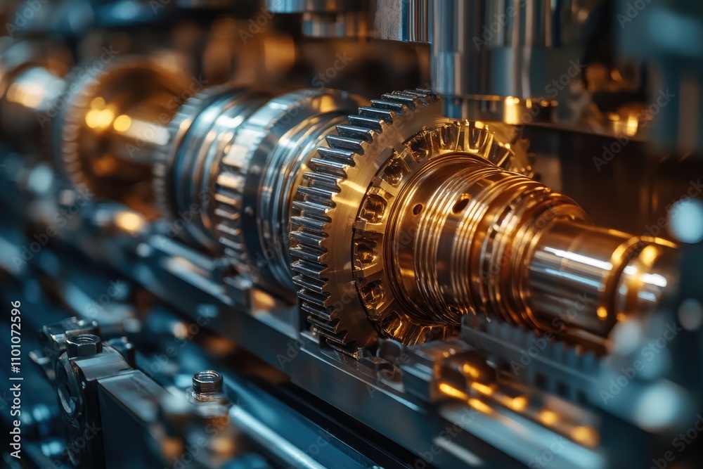 Poster close-up of industrial gears rotating smoothly in complex machinery