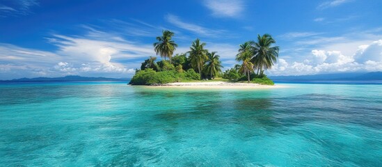 Tropical Island Paradise Surrounded by Crystal Clear Waters and Lush Palm Trees Under a Bright Blue Sky