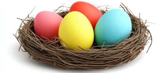 Obraz premium Colorful Easter Eggs Nestled in a Rustic Twig Nest on White Background Celebrating Spring Festival and Seasonal Decoration Ideas
