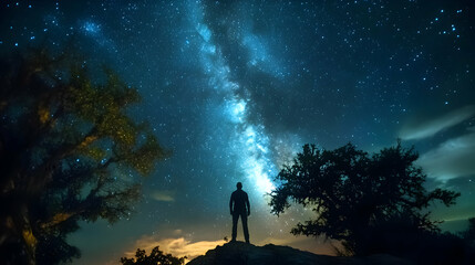 Fototapeta premium Silhouetted Man Gazes at the Majestic Milky Way Galaxy Under a Starry Night Sky, Illuminated by Distant Lights