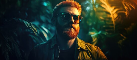 Stylish young man in sunglasses holding a credit card amidst tropical foliage representing urban fashion and contemporary finance lifestyle