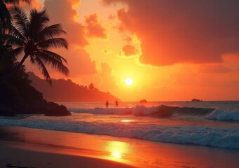 Sunset over beach with silhouetted figures walking along the shore