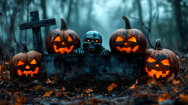 Halloween Zombie Skull Lurks Behind Glowing Jack-o'-lanterns in Spooky Forest Setting