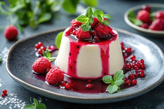 Delicious panna cotta dessert decorated with fresh raspberries and pomegranate seeds and drizzled with coulis
