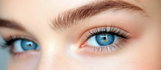 Obraz premium Close up of striking blue eyes showcasing flawless skin with a focus on their clarity and captivating beauty