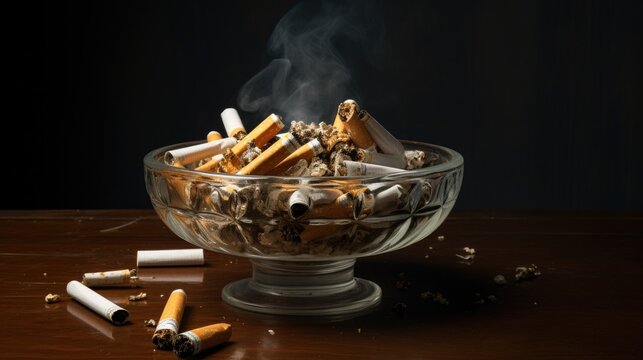 Ashtray overflowing with used cigarettes illustrating the impact of smoking and tobacco use on health and environment