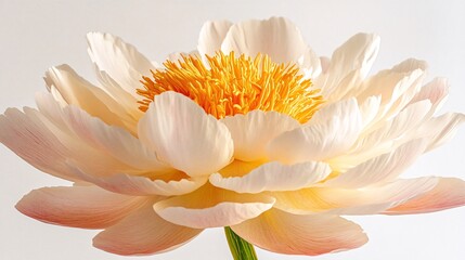 Fototapeta premium Close-up of a delicate, pale peach and yellow peony blossom against a white background, showcasing its intricate petals and vibrant stamens. Generative ai
