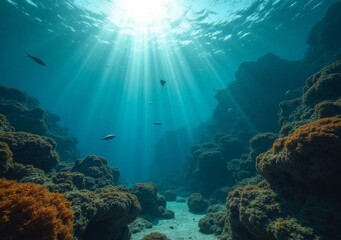 Naklejka premium Underwater landscape with vibrant coral and sun rays in a clear ocean