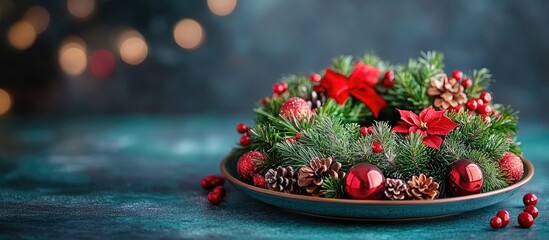 Christmas wreath centerpiece with red decorations and pinecones on a stylish plate for festive table settings during the holiday season.