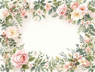 Watercolor floral garland with roses and lilies, garden decoration, watercolor design