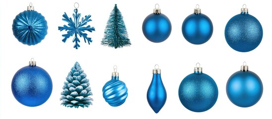 Blue holiday ornaments and decorations arrangement on white background for festive and seasonal themes
