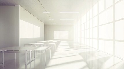 Obraz premium Sunlit minimalist white room interior with tables and large windows. Generative ai