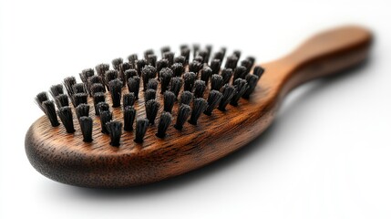 Wooden massage brush for hair growth stimulation isolated on white background with bristles designed for scalp rejuvenation and relaxation