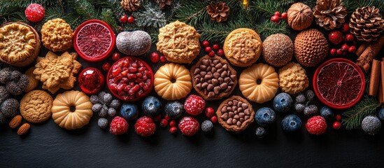 Fototapeta premium Festive assortment of Christmas sweets cookies fruits and nuts beautifully arranged on a table with holiday decorations and greenery