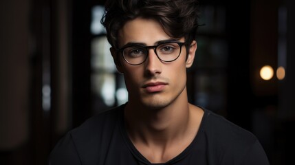Fototapeta premium Stylish young man with glasses looking confidently at the camera in a dimly lit indoor setting