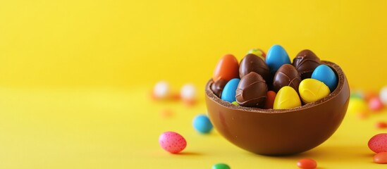 Obraz premium Colorful chocolate eggs and candies in a brown holder on a bright yellow background conveying festive celebration and joy