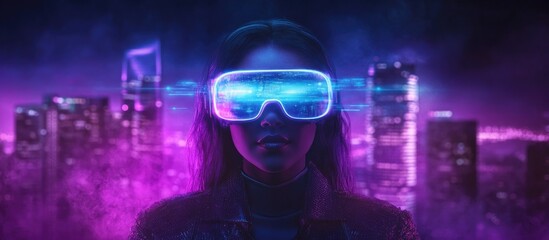 Futuristic woman in VR headset exploring cyber security themes highlighting digital threats and hacking risks in a vibrant neon environment