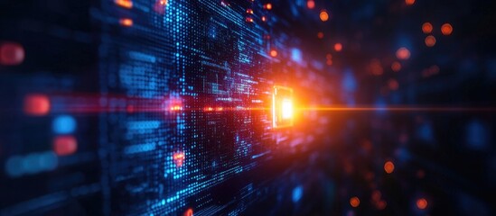 Cybersecurity system alert concept showcasing digital data streams with vibrant colors highlighting malware and error notifications.