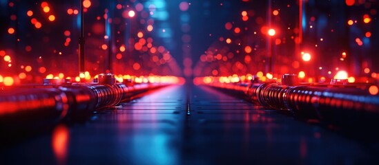 Obraz premium Close up of an industrial automation system illuminated by red lights showcasing precision and structure in modern production environments
