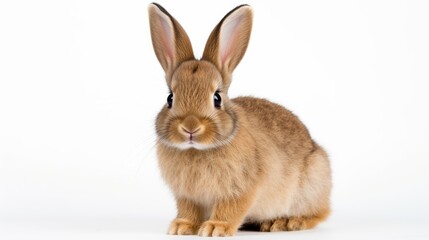Fototapeta premium Adorable eight week old brown European rabbit sitting quietly against a clean white backdrop showcasing its fluffy fur and expressive eyes