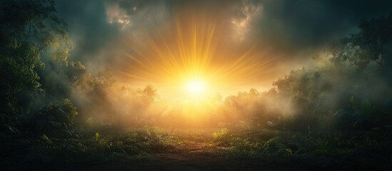 Fototapeta premium Majestic sunrise illuminating a lush landscape with vibrant colors and mist, embodying the beauty of nature and serene tranquility.