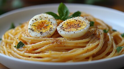 Fototapeta premium Close up of creamy spaghetti topped with soft boiled eggs and fresh basil garnishing in a clean white bowl on wooden surface.