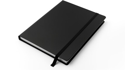 Elegant black notebook with elastic band on a pristine white background showcasing minimalist design for stationery or planning applications