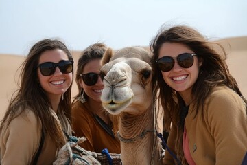 Tourists smiling with camel in the desert during excursion