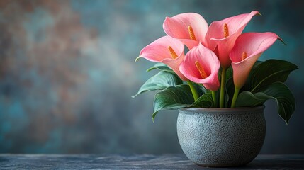Close up of vibrant pink calla lilies in a decorative pot on a textured background ideal for floral design or advertisement purposes