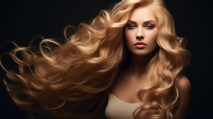 Fototapeta premium Glamorous woman with flowing long shiny curly blonde hair showcasing elegance and beauty in a dramatic portrait setting