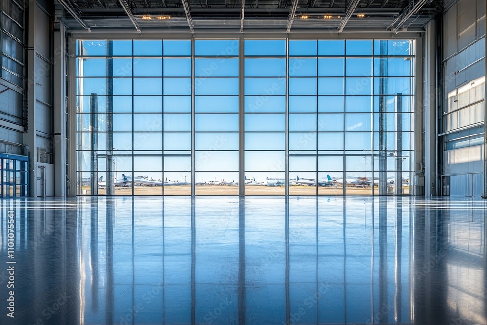 Poster empty hangar with airplanes outside reflecting on shiny floor