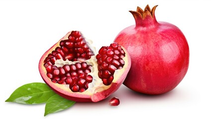 Fresh ripe pomegranate half showcasing juicy seeds with whole fruit and green leaves on a clean white background for culinary use