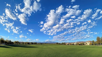 Obraz premium Vast panoramic landscape featuring a brilliant blue sky dotted with fluffy white clouds above a lush green field and distant mountains.