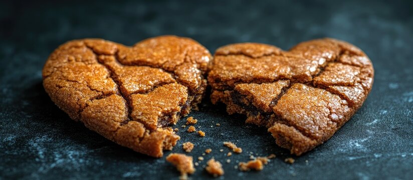 Broken heart-shaped cookie on a dark background symbolizing love and heartbreak with textured details and crumbs scattered.