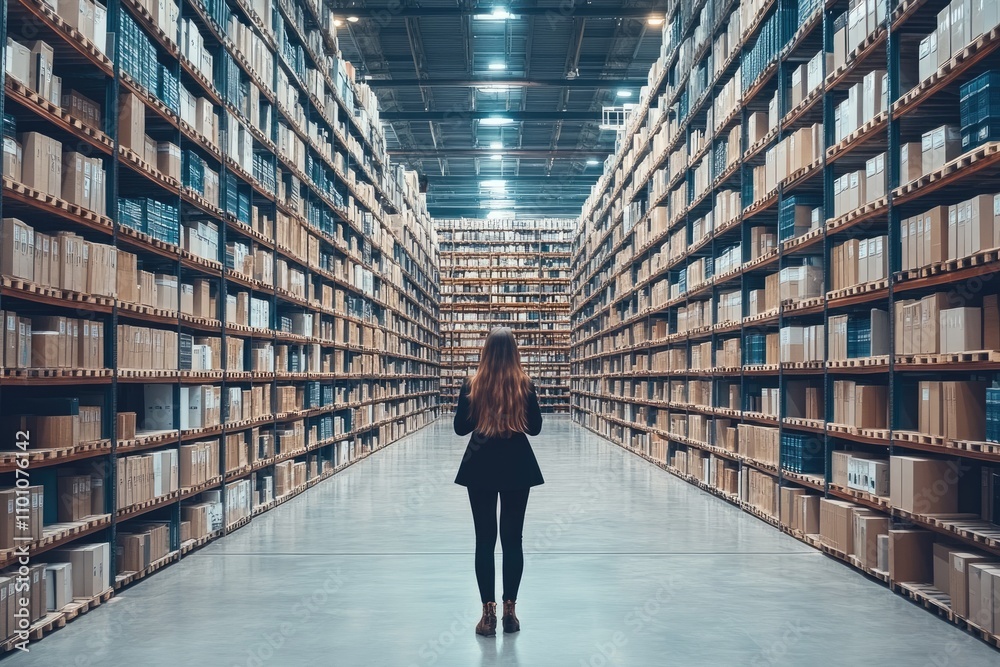 Poster manager contemplating cardboard boxes in large distribution warehouse