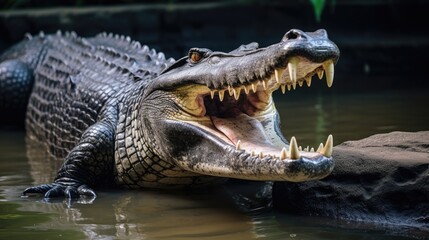 Obraz premium Crocodile with open mouth showcasing teeth in water at a wildlife reserve or crocodile farm environment
