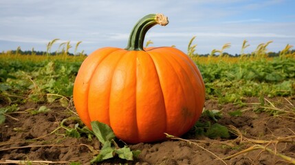 Vibrant Orange Pumpkin Growing in Agricultural Field Under Blue Sky Near Harvest Time