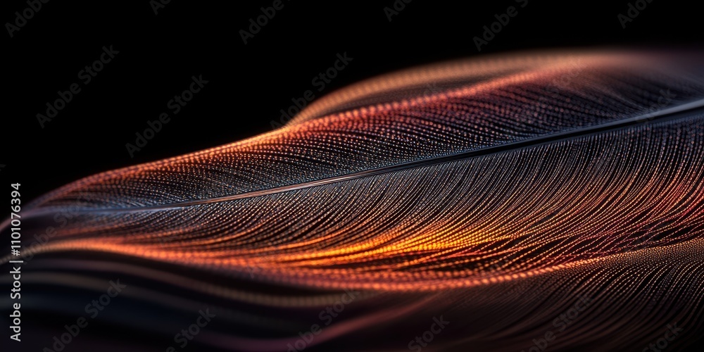 Poster a close-up of a feather showcasing intricate details and vibrant colors against a dark background.