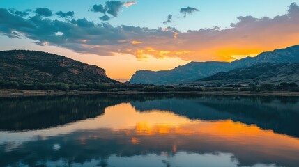 Majestic sunset over tranquil lake with vibrant colors reflecting on the water, framed by rugged mountains and serene cloud formations in the sky.