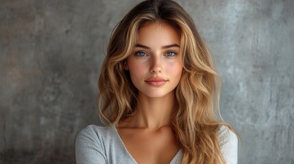 Fototapeta premium Professional businesswoman with long wavy hair posing confidently in a minimalist setting against a textured gray backdrop.