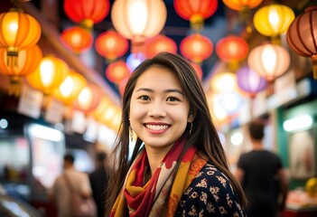 Obraz premium Smiling Asian Woman Lantern Festival Night Market Lights